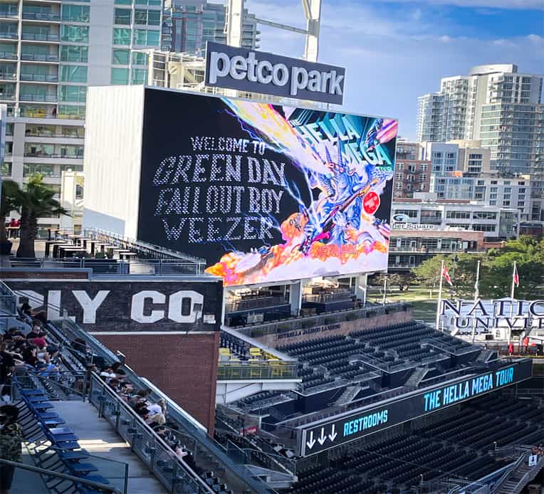 Electric billboard for the Hella Mega Tour in Petco Park, San Diego, CA