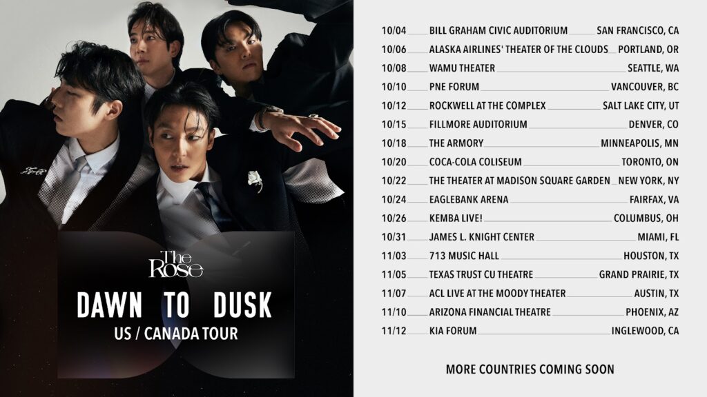 Tour dates graphic for The Rose's upcoming, 'Dusk To Dawn' tour. 