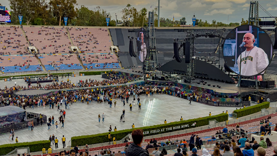 Bobby Gonz performing at the Rose Bowl during Coldplay's Music of the Spheres tour.