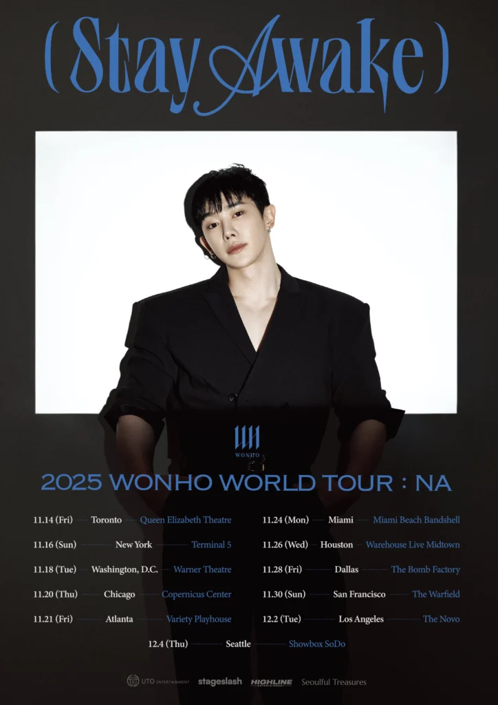 Tour poster for Wonho's '2025 WONHO WORLD TOUR - STAY AWAKE' North American tour.