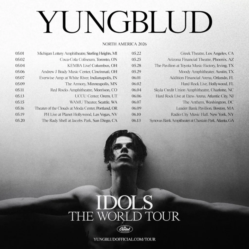 Poster for YUNGBLUD's 2026 'Idols World Tour' North American tour dates.