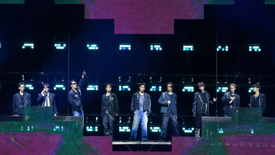 SEVENTEEN making their entrance during night 1 of their '[NEW_] World Tour' stop at BMO Stadium in Los Angeles.
