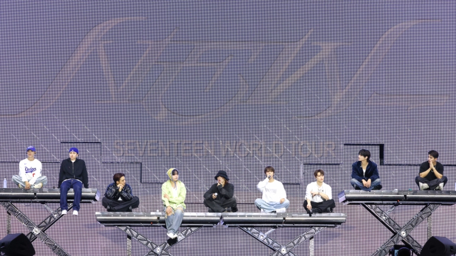SEVENTEEN having a chat with the crowd during night 1 of their '[NEW_] World Tour' stop at BMO Stadium in Los Angeles.