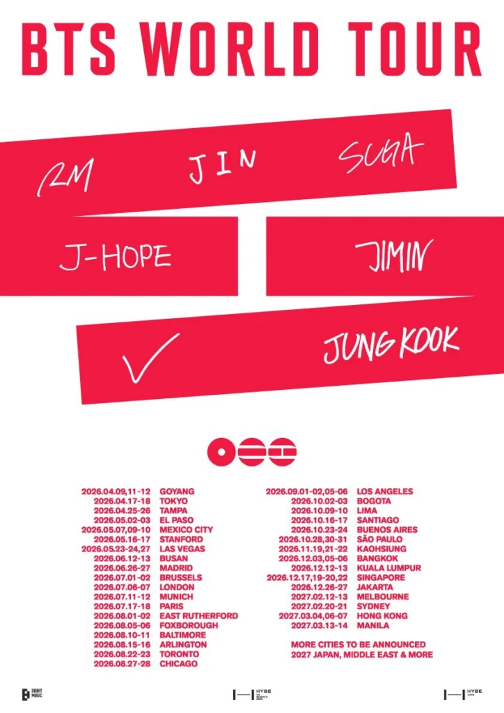 Promotional poster featuring tour dates for BTS' 2026-2027 world tour.