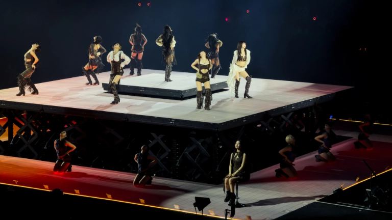 TWICE performing on their lifted stage.